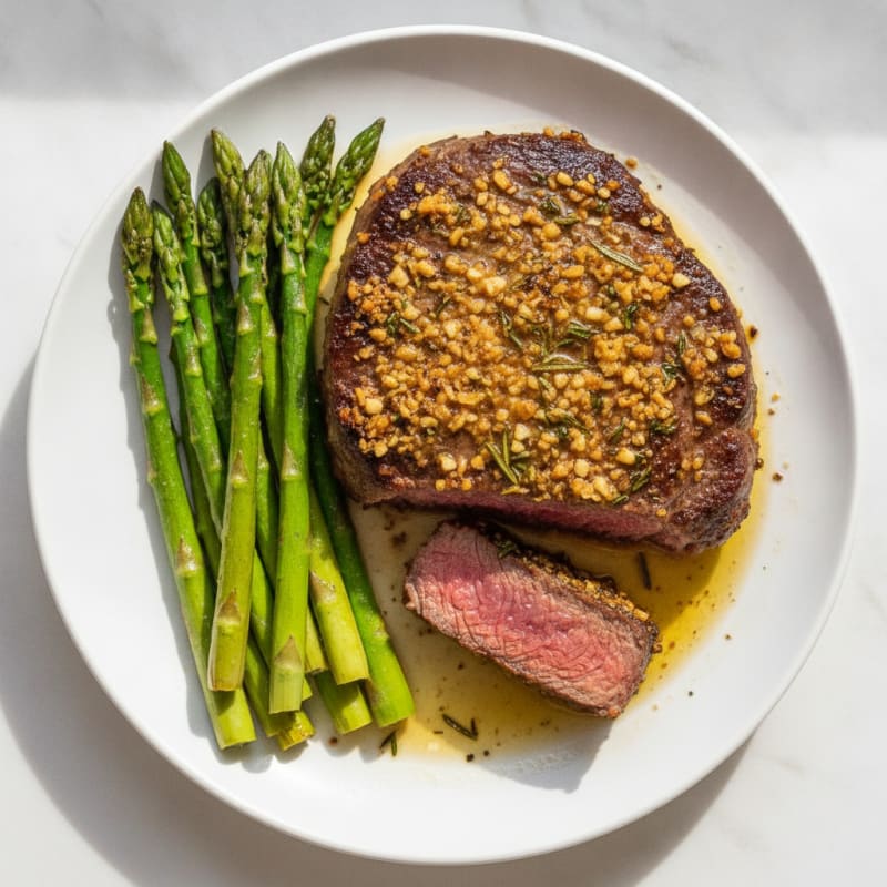 Garlic Herb-Crusted Steak with Asparagus
