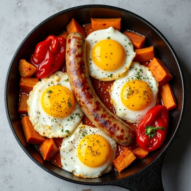 Lean Turkey Sausage and Egg Breakfast Skillet with Roasted Sweet Potatoes and Bell Peppers