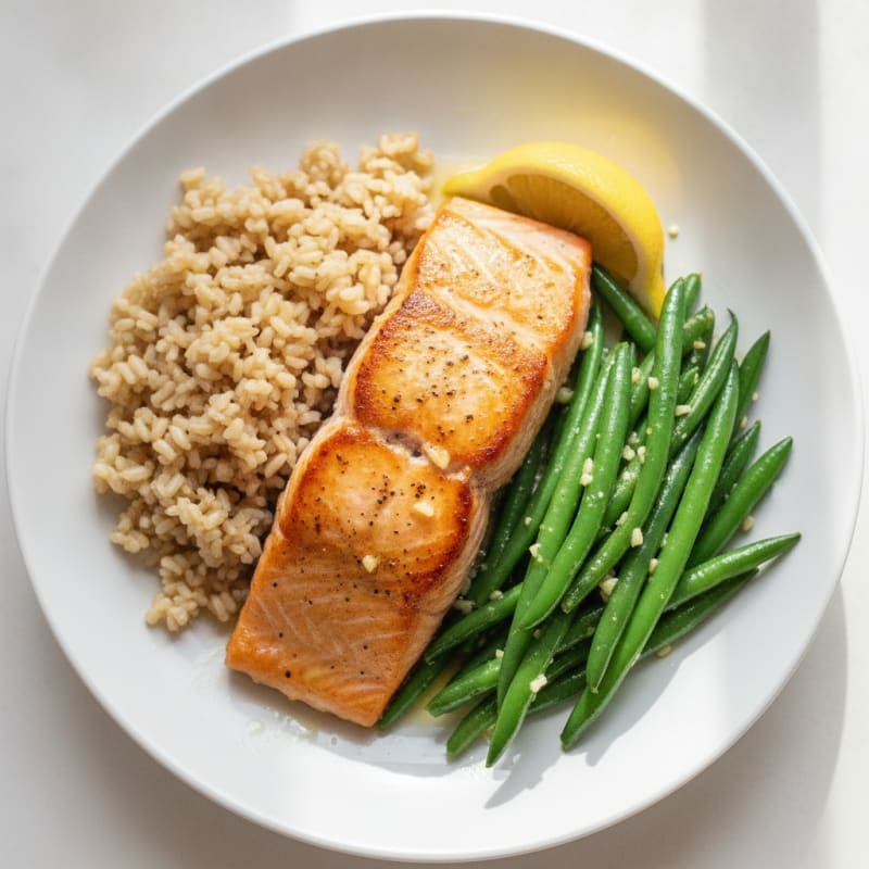 Seared Salmon with Garlic Green Beans and Brown Rice
