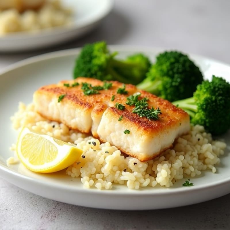 Seared Cod Filet with Steamed Broccoli and Cauliflower Rice