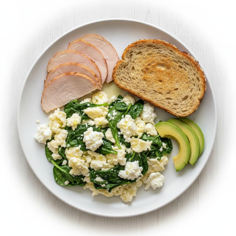Egg White Spinach Scramble with Cottage Cheese and Sliced Turkey