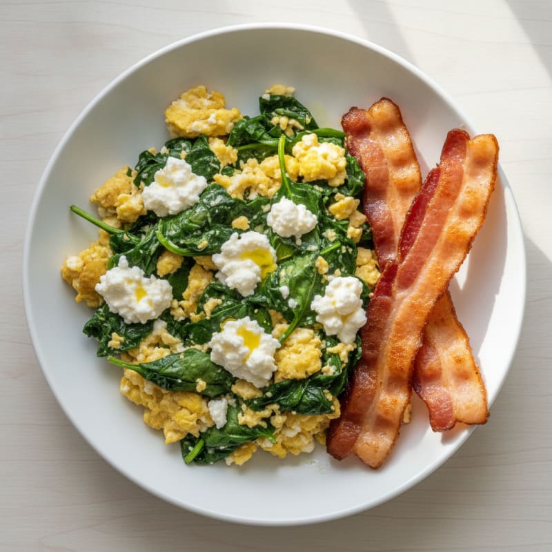 Cottage Cheese Scramble with Spinach and Turkey Bacon