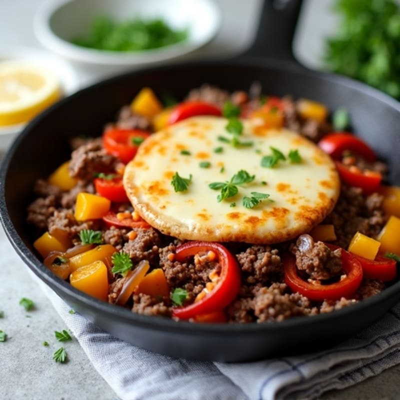 Lean Beef Skillet with Caramelized Onions, Bell Peppers, and Creamy Provolone