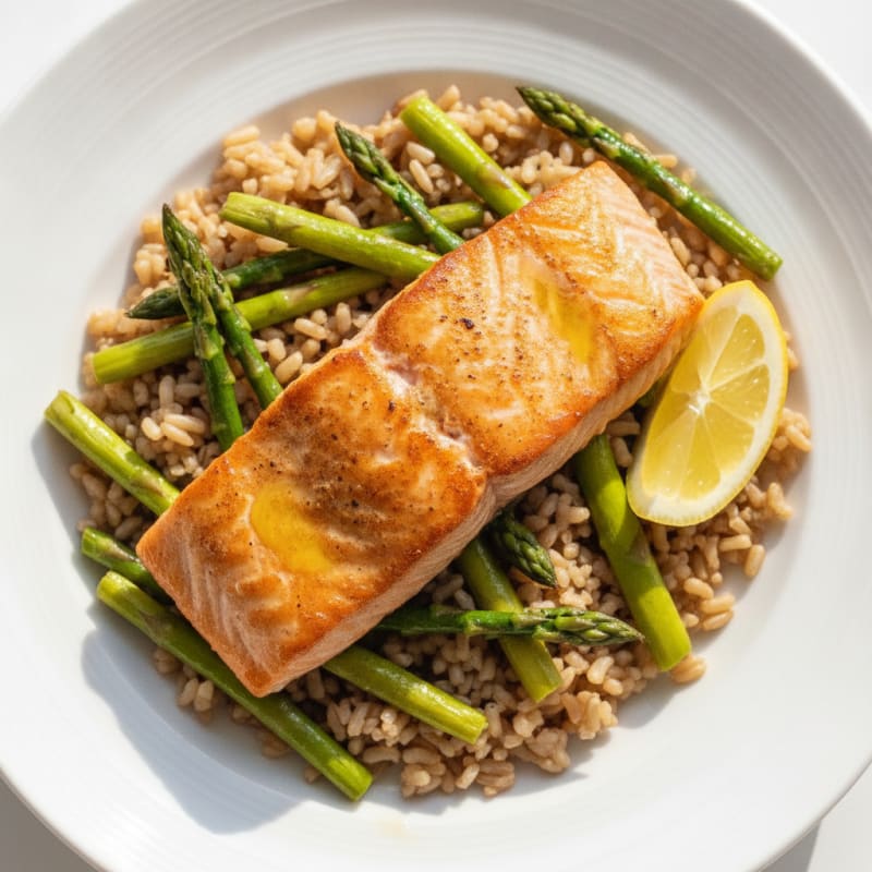 Seared Salmon with Steamed Asparagus and Brown Rice