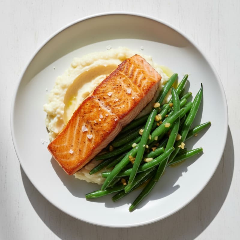 Seared Salmon Fillet with Garlic Green Beans and Cauliflower Mash