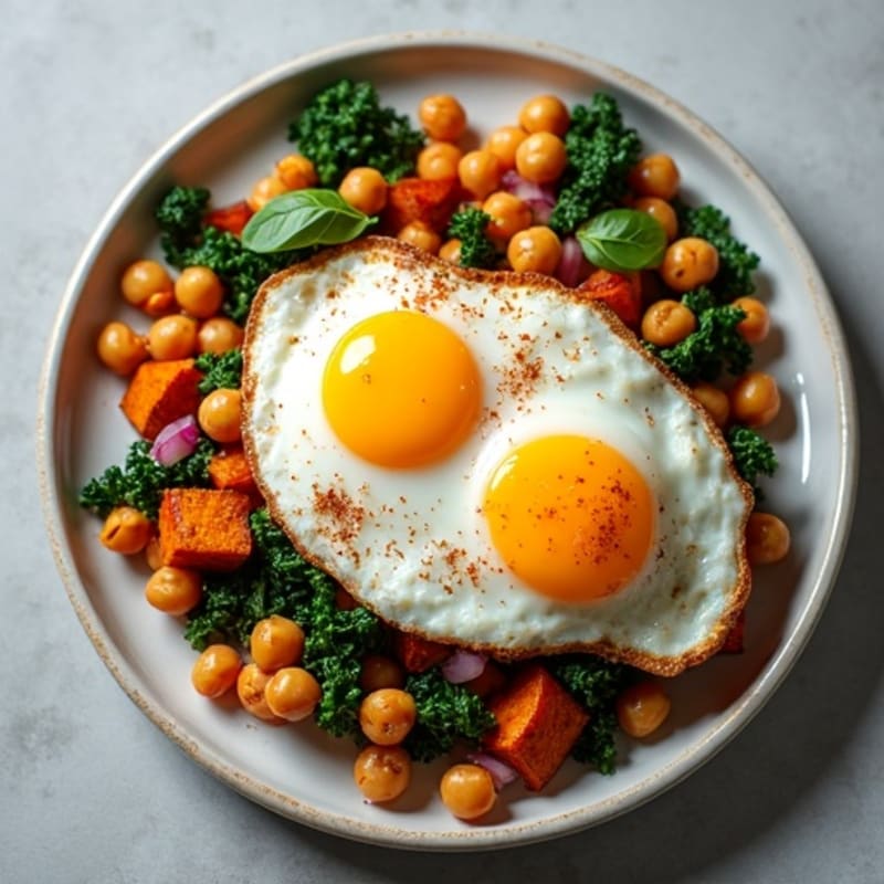 Crispy Sweet Potato and Kale Hash with Sunny-Side Up Eggs