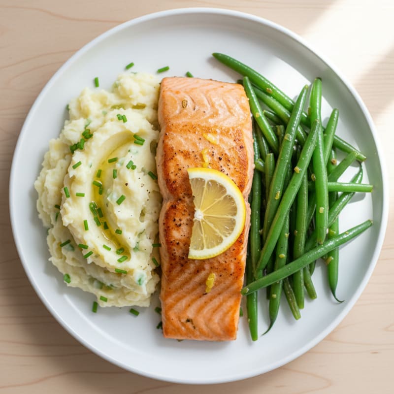 Seared Salmon with Steamed Green Beans and Herb Mashed Potatoes