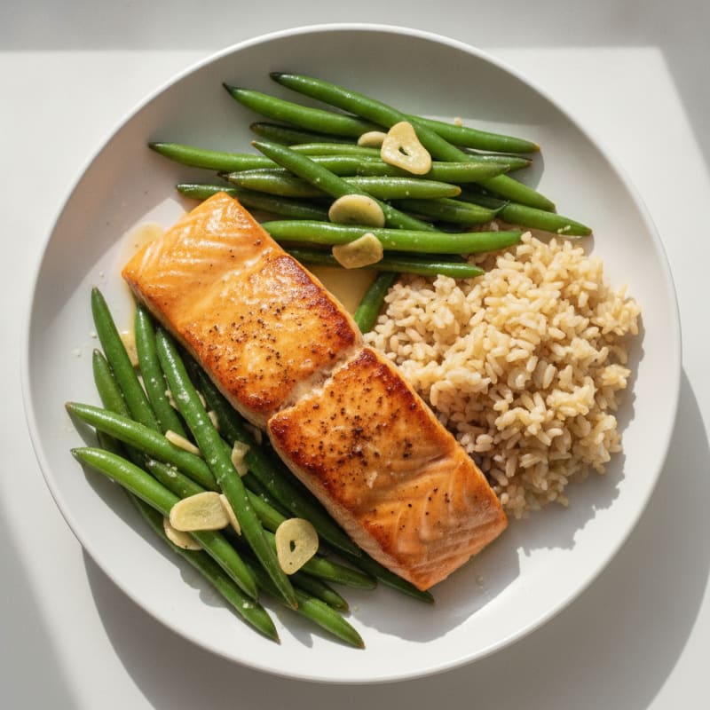 Seared Salmon with Garlic Green Beans and Brown Rice