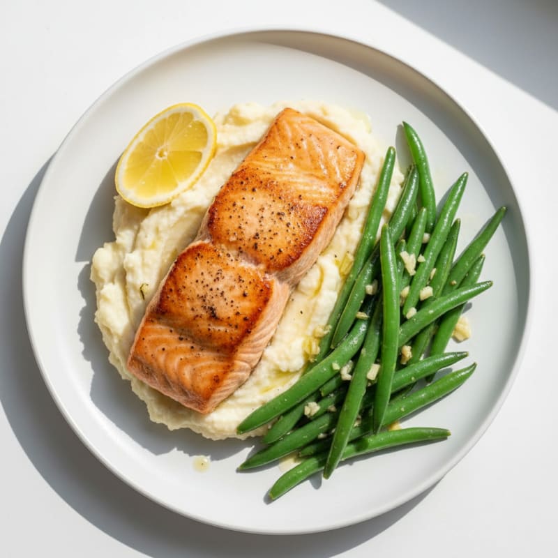 Seared Salmon with Garlic Green Beans and Cauliflower Mash