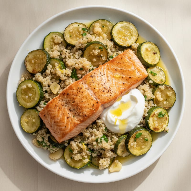 Seared Salmon with Roasted Zucchini and Quinoa