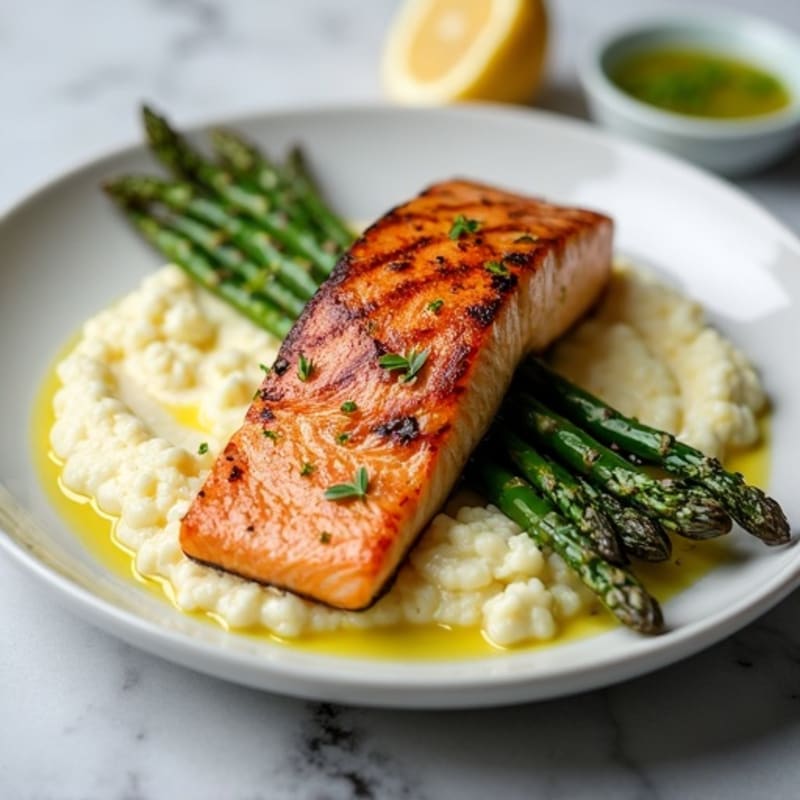 Seared Salmon with Roasted Asparagus and Cauliflower Mash