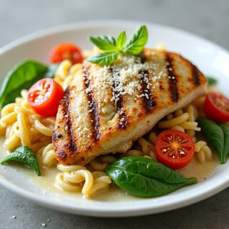 Creamy Pesto Chicken Pasta with Roasted Cherry Tomatoes