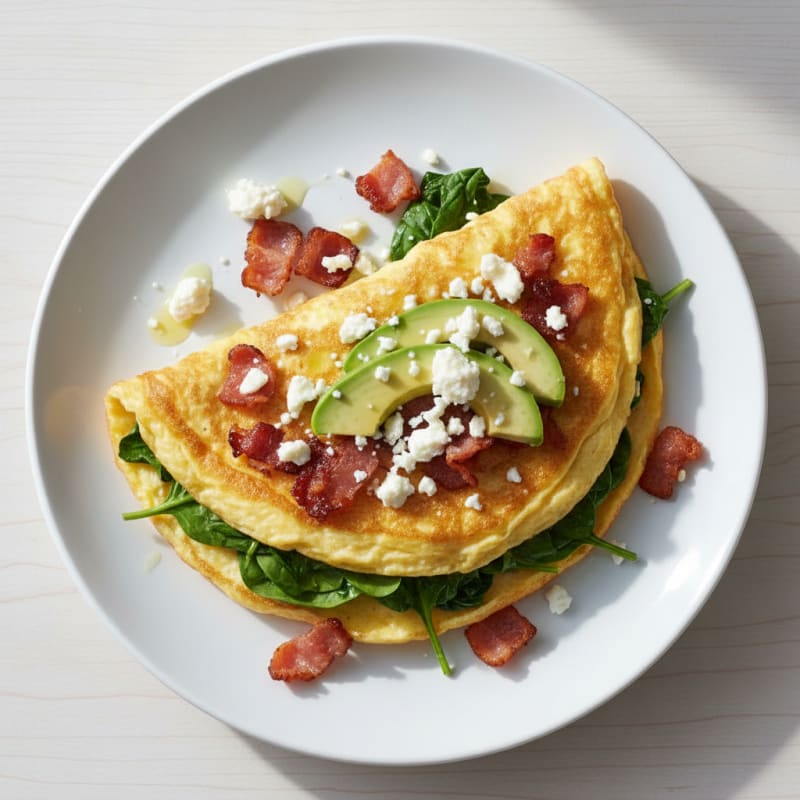 Crispy Egg White Omelette with Turkey Bacon and Spinach