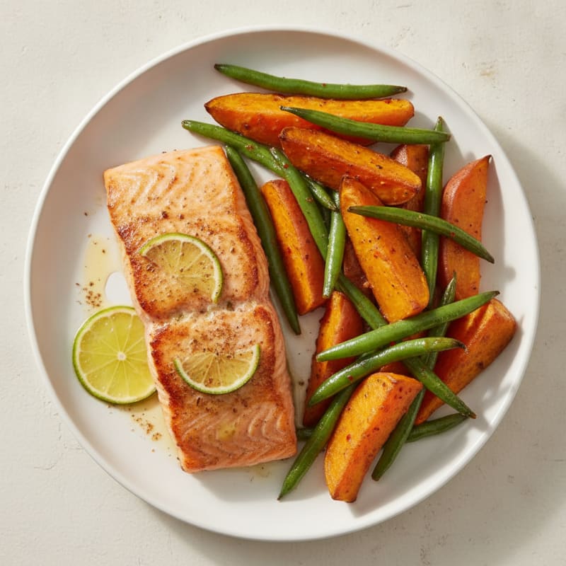 Seared Salmon with Roasted Sweet Potatoes and Green Beans