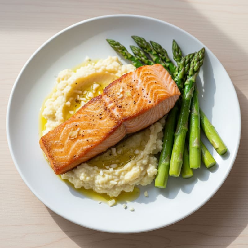 Seared Salmon with Steamed Asparagus and Garlic Cauliflower Mash