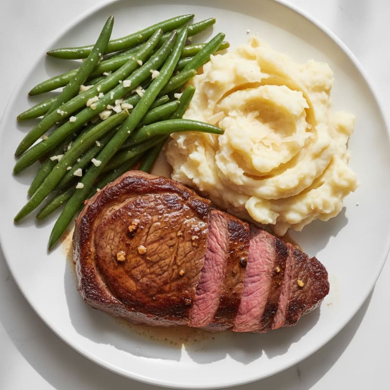 Seared Sirloin Steak with Garlic Green Beans and Parmesan Mashed Potatoes