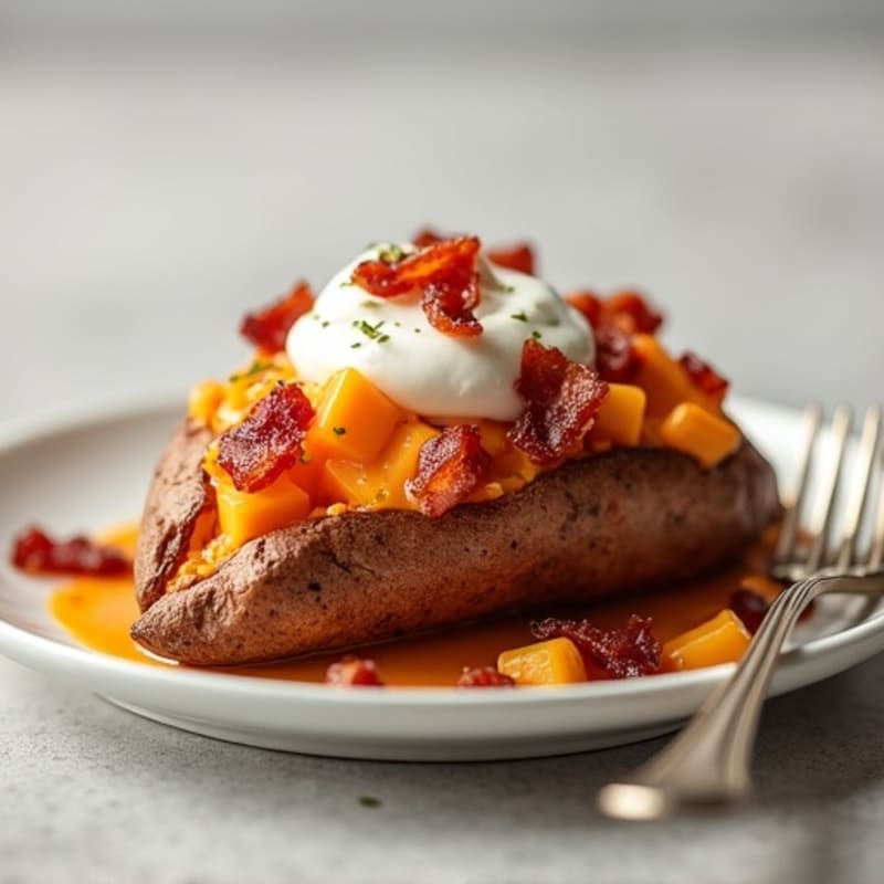 Baked Sweet Potato with Crispy Turkey Bacon and Creamy Cheddar