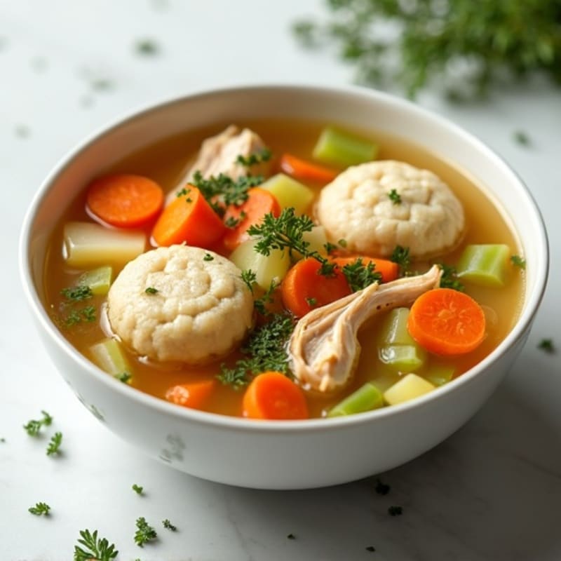 Wholesome Chicken and Vegetable Soup with Fluffy Herb Dumplings