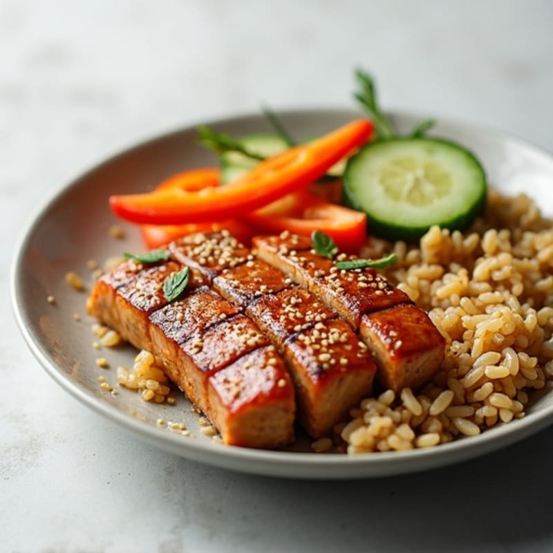 Sesame-Ginger Marinated Tuna with Brown Rice and Crisp Vegetables