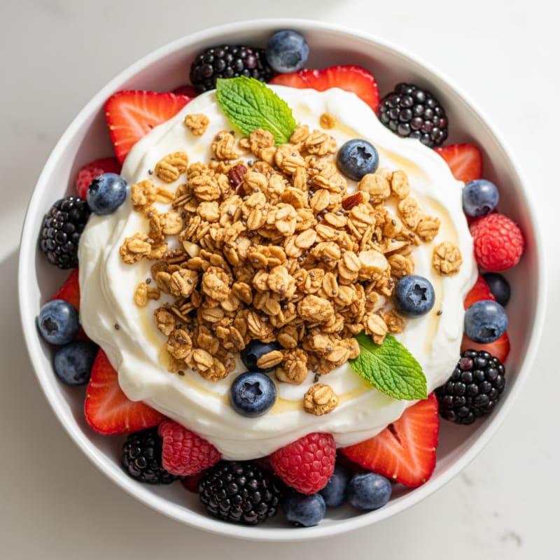 Silky Greek Yogurt Parfait with Protein Granola and Mixed Berries