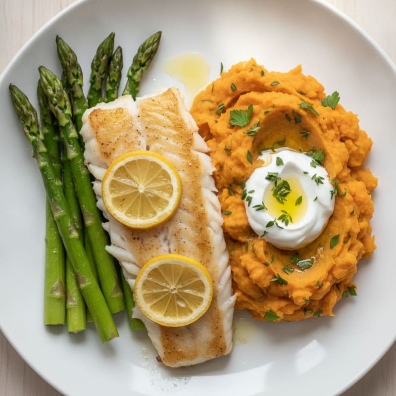Baked White Fish with Herb Sweet Potato Mash and Asparagus Spears