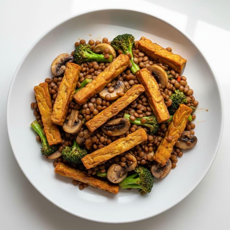 Lentil and Mushroom Stir Fry with Tempeh Strips
