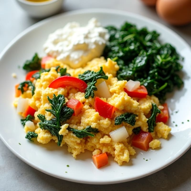 Egg White Vegetable Scramble with Cottage Cheese and Sautéed Spinach