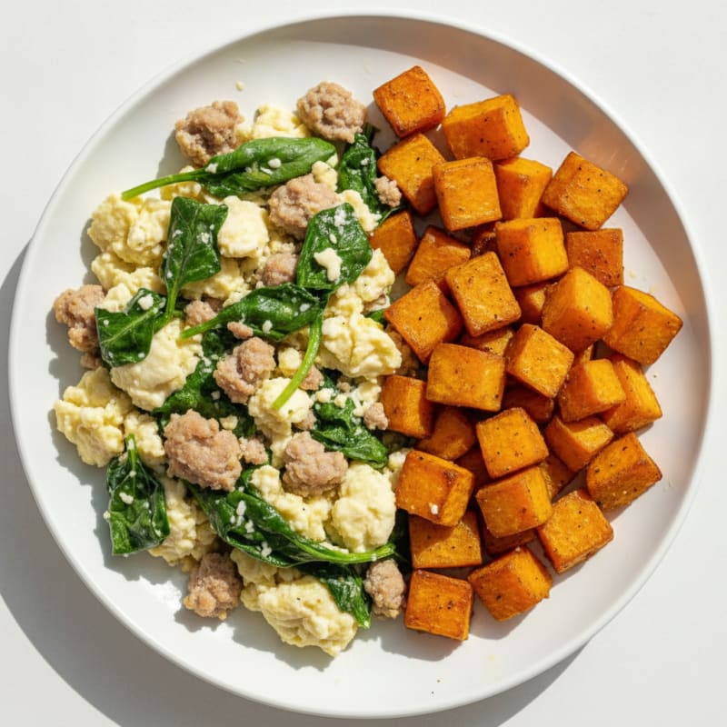 Egg White and Turkey Sausage Scramble with Spinach and Roasted Sweet Potato