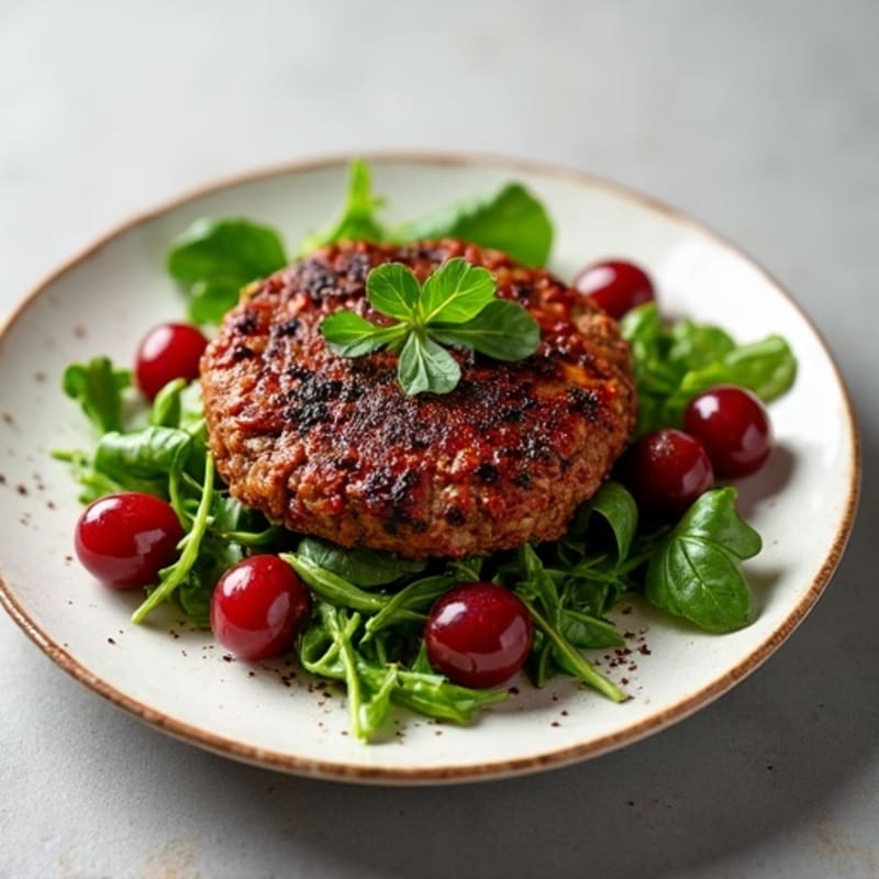 Pan-Seared Ground Beef with Balsamic Roasted Grapes and Fresh Arugula