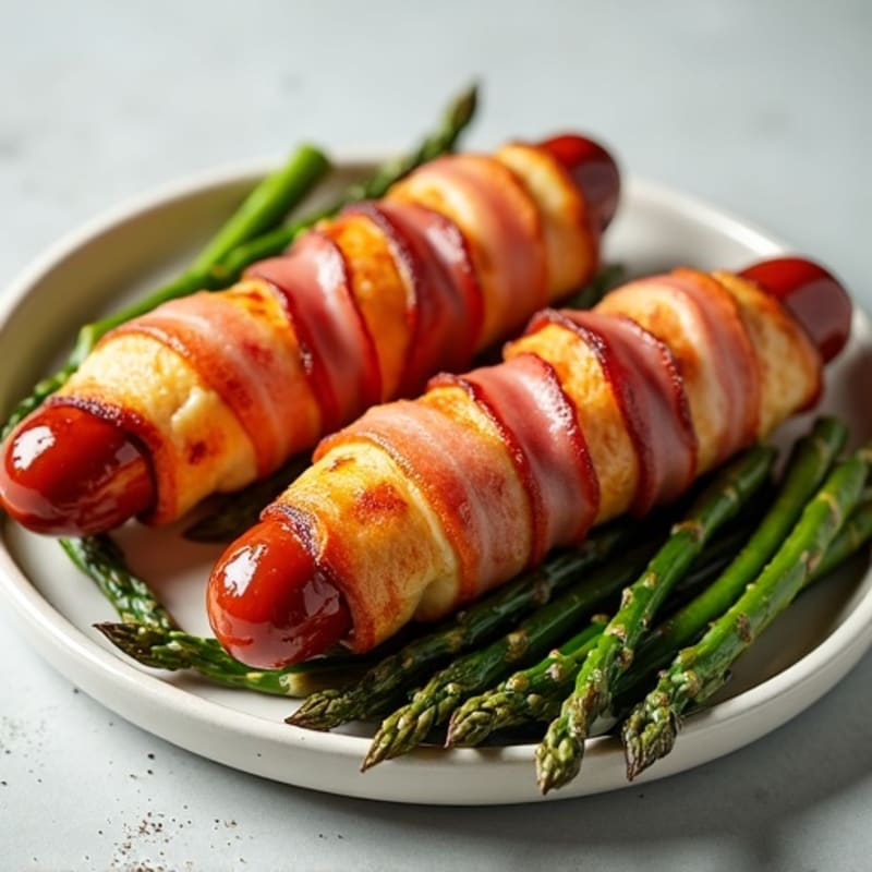 Crispy Turkey Bacon-Wrapped Chicken Hot Dogs with Roasted Asparagus