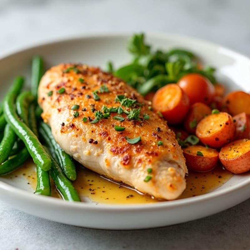 Roasted Chicken with Crispy Green Beans and Sweet Potatoes