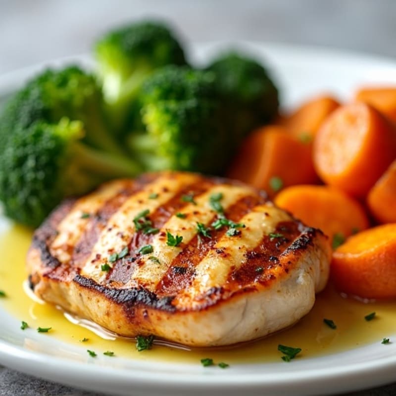 Juicy Grilled Chicken Breast with Roasted Sweet Potato and Steamed Broccoli