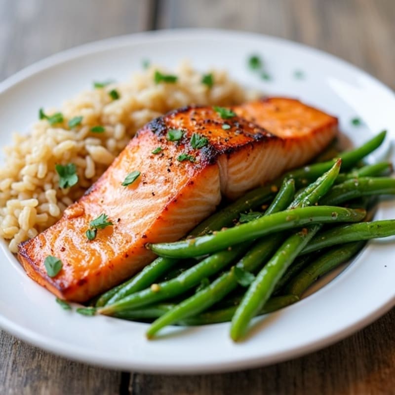 Seared Salmon with Garlic Green Beans and Brown Rice