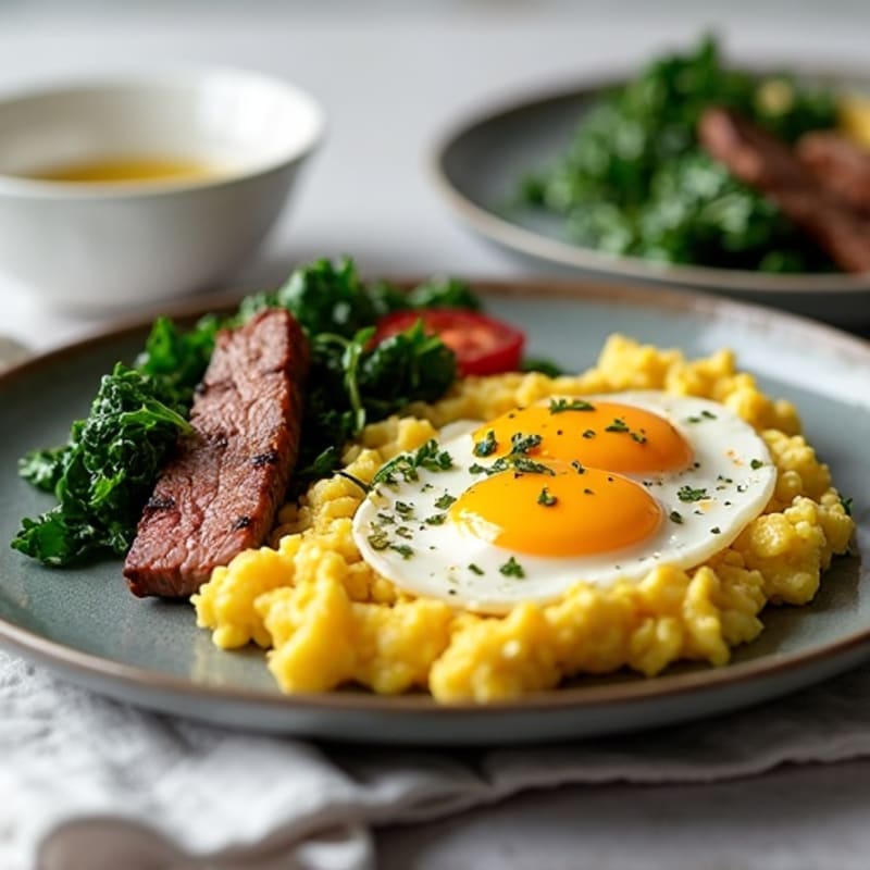 Egg White Scramble with Sautéed Spinach and Grilled Steak Strips