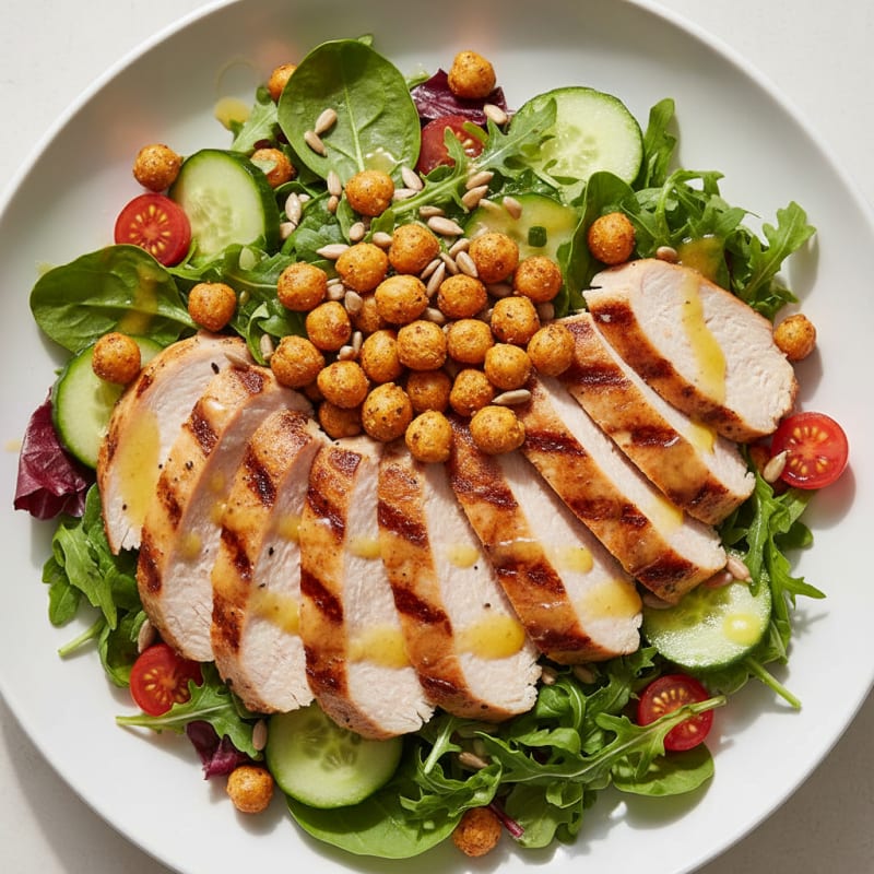 Grilled Turkey Breast Salad with Crunchy Chickpeas and Mixed Greens