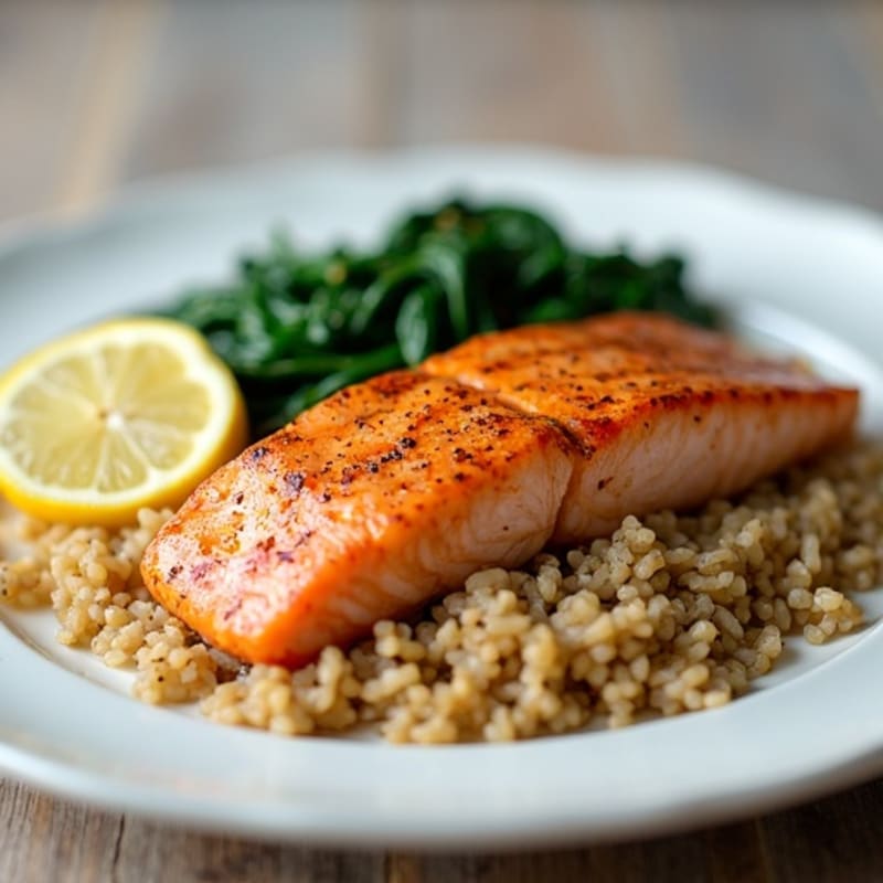 Seared Salmon Fillet with Brown Rice and Sautéed Spinach