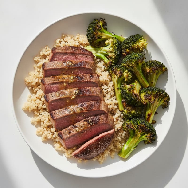 Grilled Steak with Roasted Broccoli and Quinoa