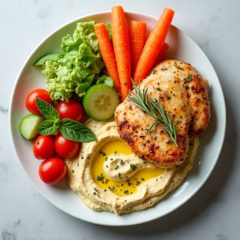 Creamy Hummus Plate with Herb-Roasted Chicken and Crisp Vegetables