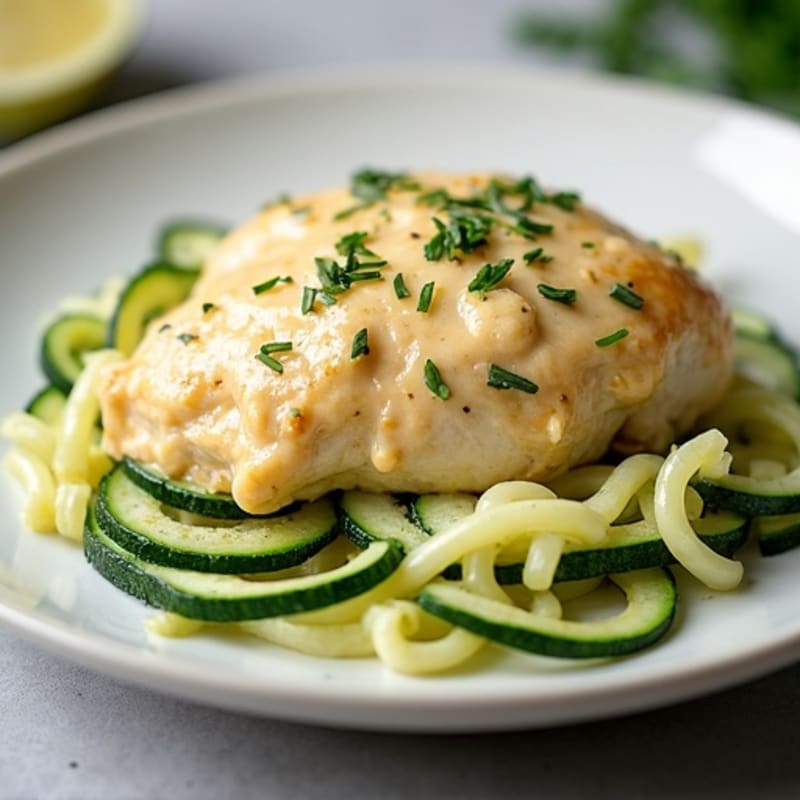 Creamy Cauliflower Alfredo Chicken with Zucchini Noodles
