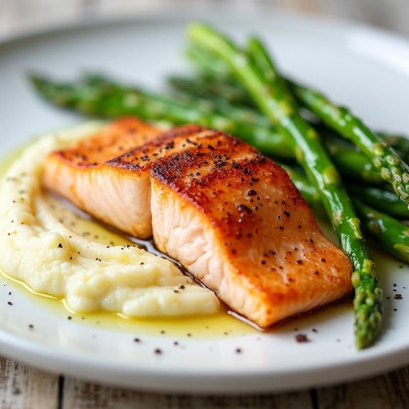 Seared Salmon with Steamed Asparagus and Garlic Cauliflower Mash