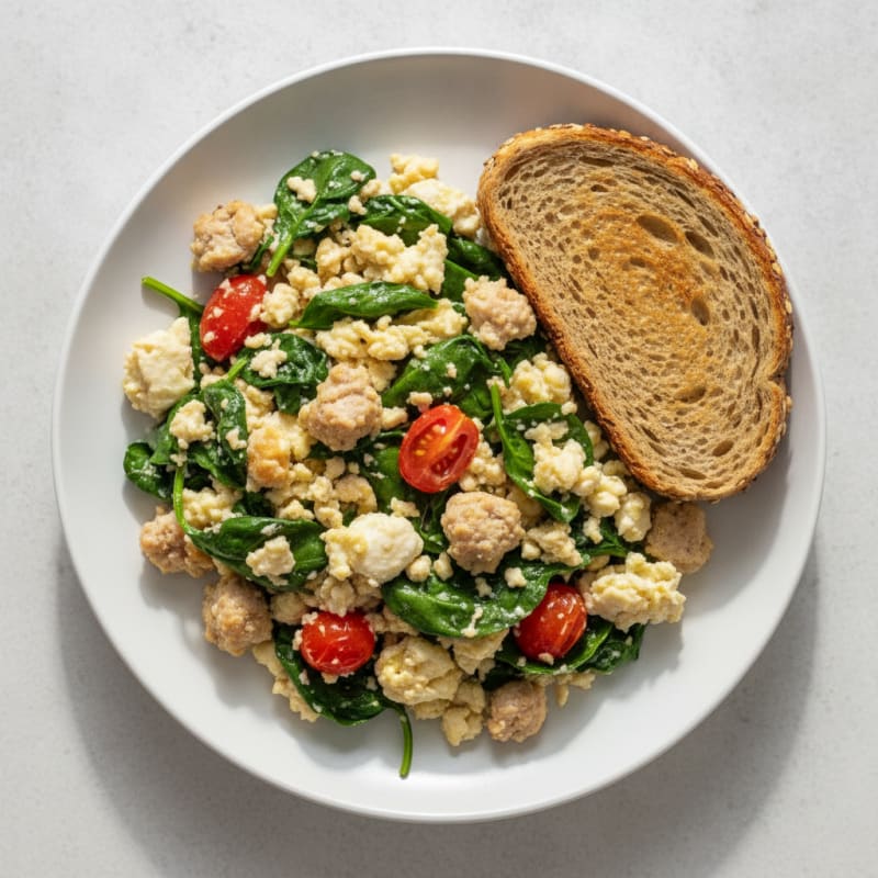 Egg White and Turkey Sausage Scramble with Sautéed Spinach
