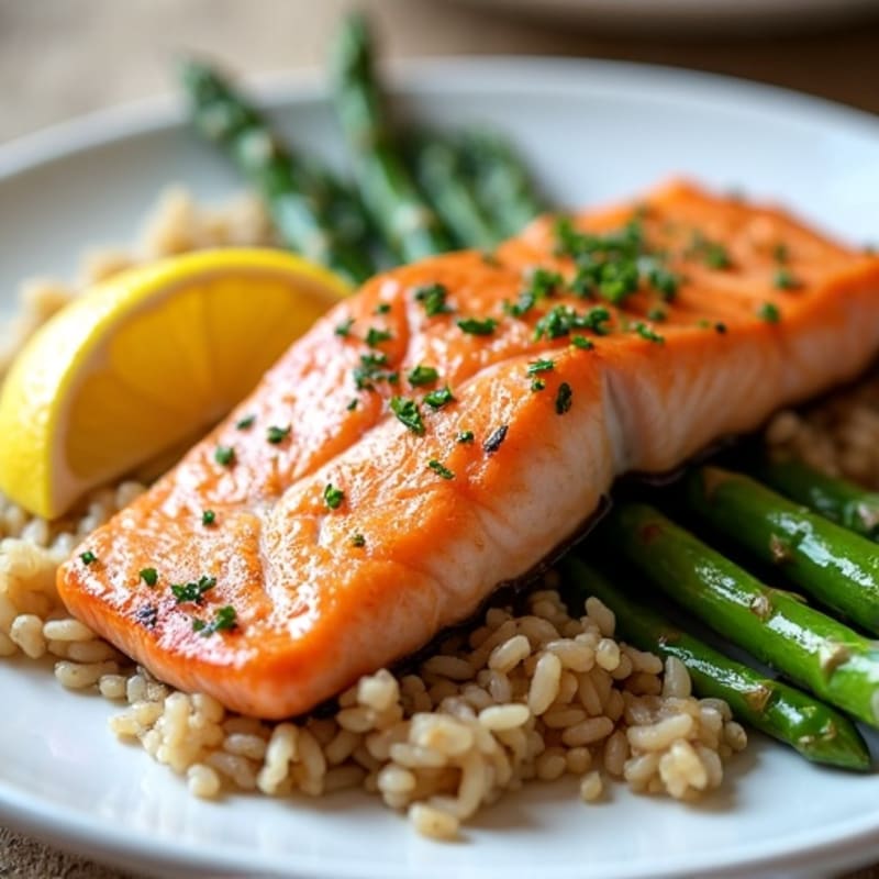 Seared Salmon with Steamed Asparagus and Brown Rice