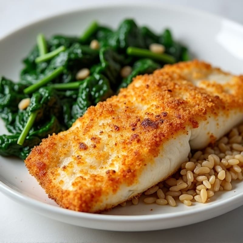 Crispy Baked Fish Fillets with Garlic Spinach and Brown Rice