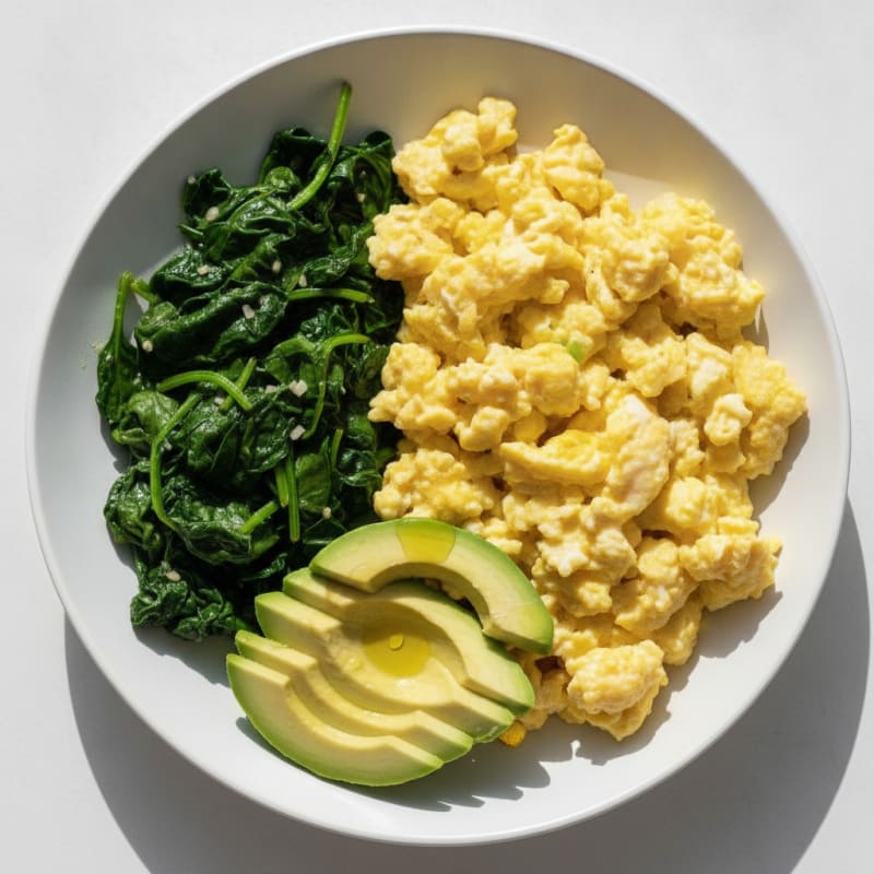 Scrambled Eggs with Sautéed Spinach and Sliced Avocado