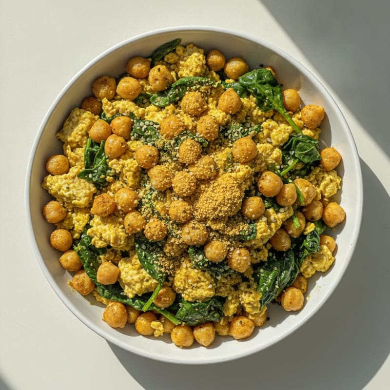 Silky Tofu and Chickpea Scramble with Spinach