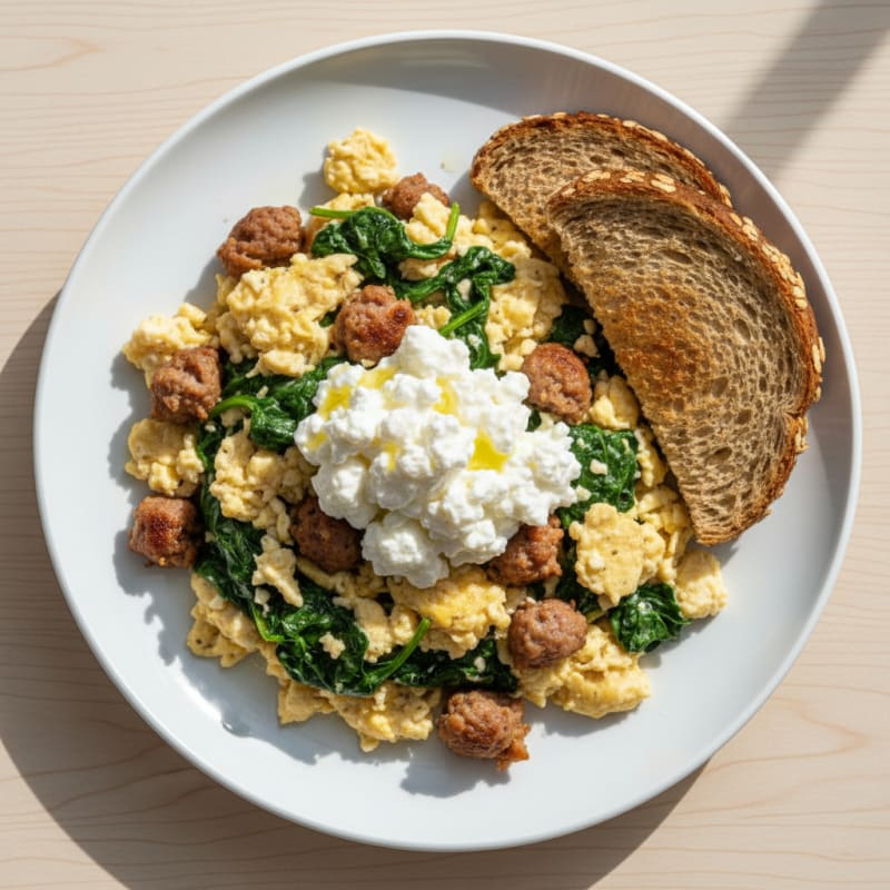 Egg White and Turkey Sausage Scramble with Spinach and Cottage Cheese