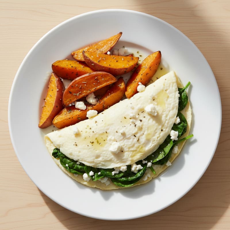Spinach and Feta Egg White Omelette with Roasted Sweet Potatoes