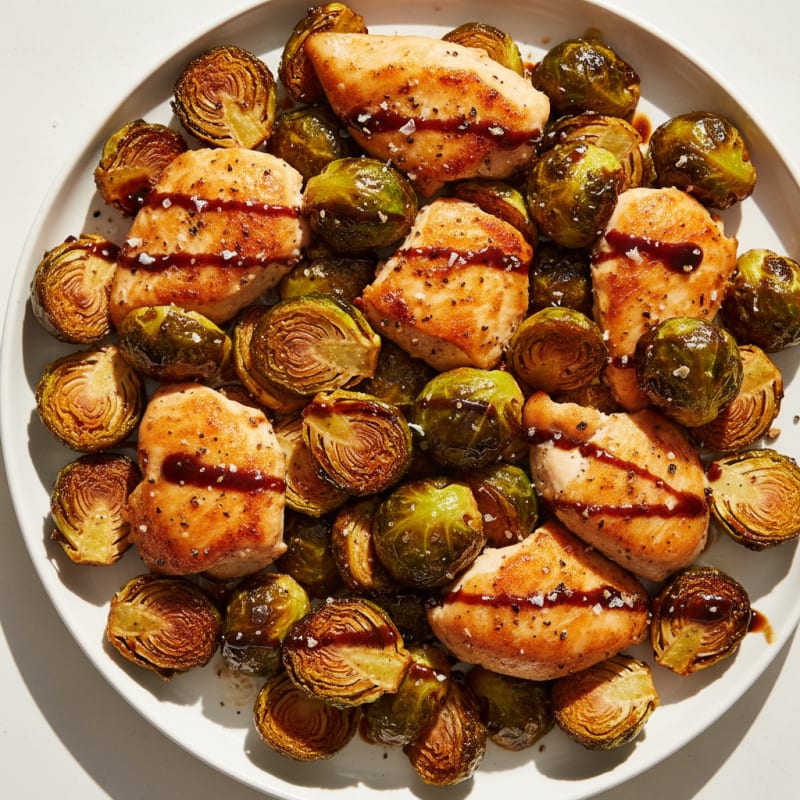 Crispy Balsamic-Glazed Brussels Sprouts with Roasted Chicken