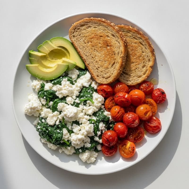 Egg White Spinach Scramble with Cottage Cheese and Cherry Tomatoes