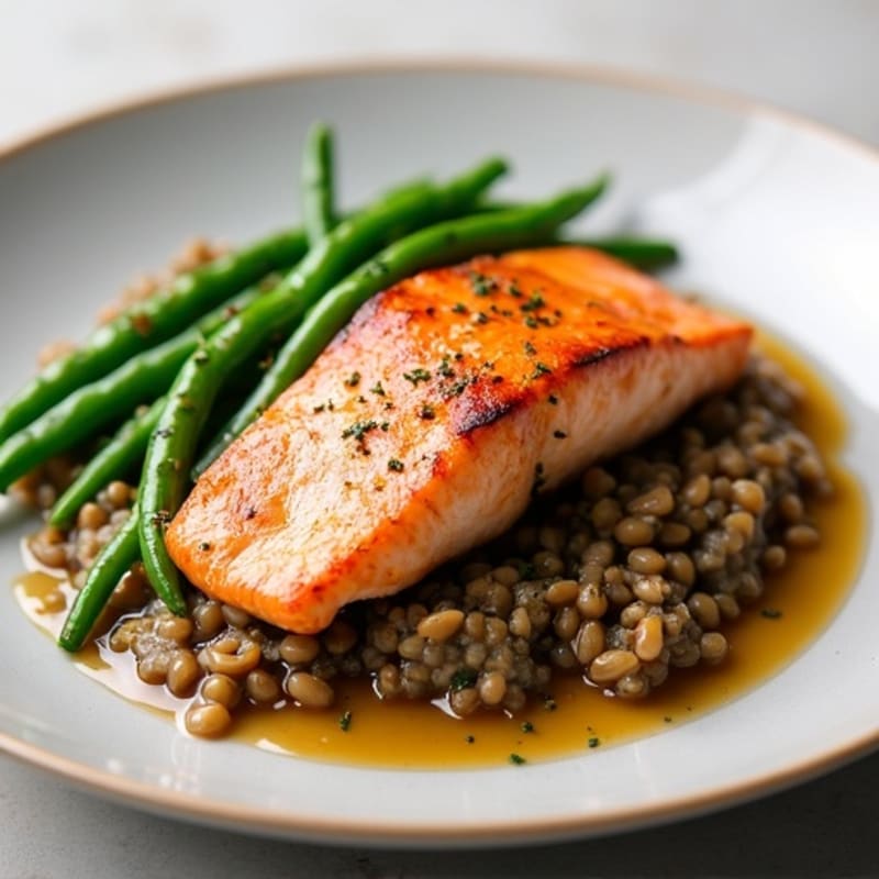 Seared Salmon with Garlic Green Beans and Lentil Mash